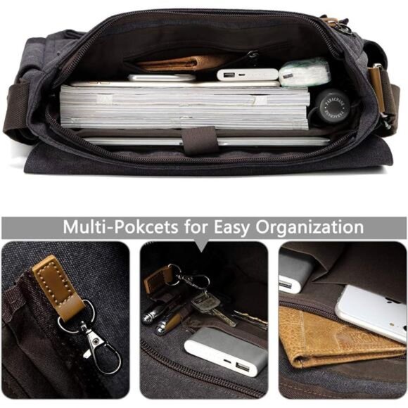 Messenger Bag for Men,Vintage Water Resistant Canvas Satchel 14 15.6 17inch - Picture 4 of 7